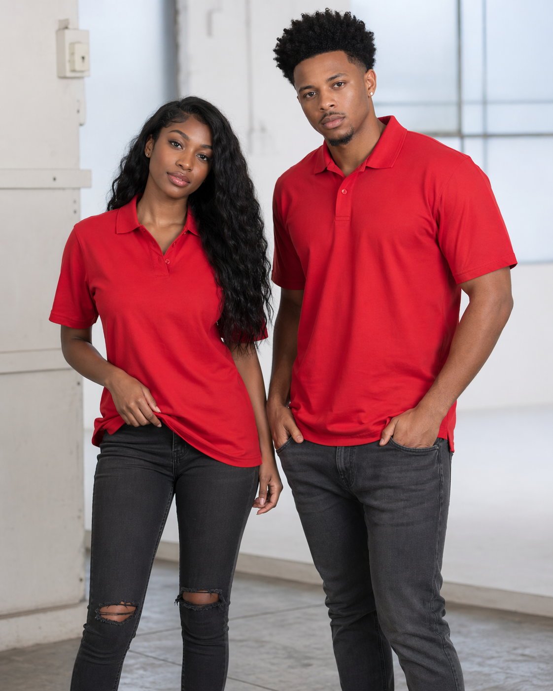 Red short-sleeved traditional unisex polo with classic collar and button placket perfect for work uniforms and workwear