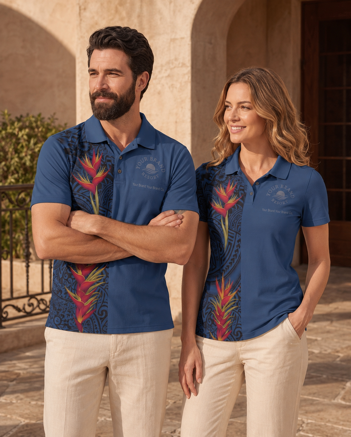 A man and a woman wearing matching blue polo shirts with a colorful tropical floral print on the lower front, standing outdoors in front of a stone building.