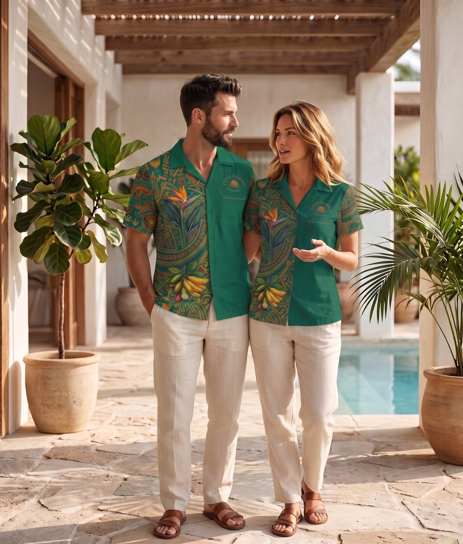 A man and a woman standing in a sunlit outdoor patio setting next to a pool, wearing matching green tropical print short-sleeve button-up shirts and light beige pants.