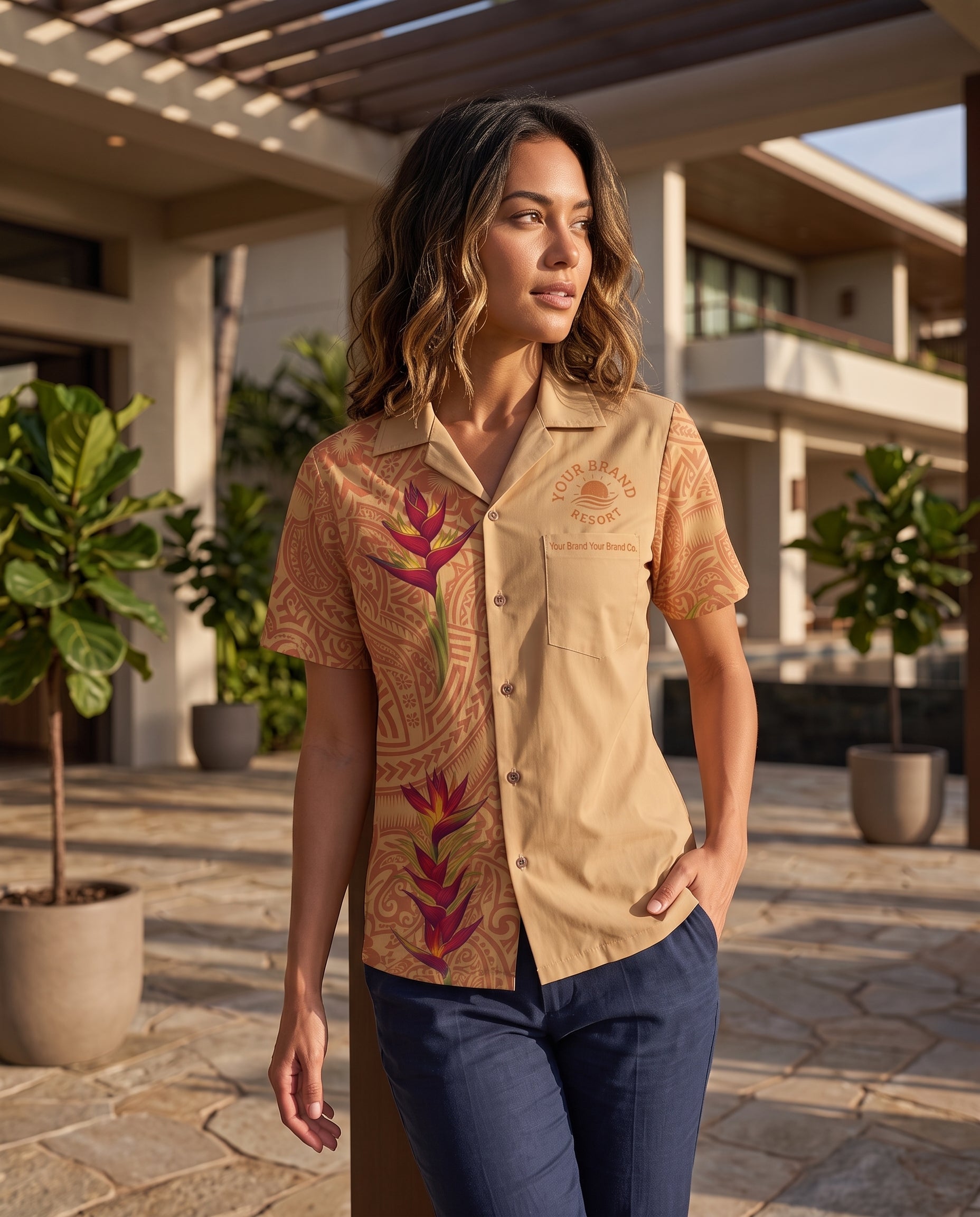 A woman stands outdoors in a tropical resort setting wearing a beige short-sleeve camp collar shirt with brown tribal-style patterns and red tropical floral prints, paired with navy pants.