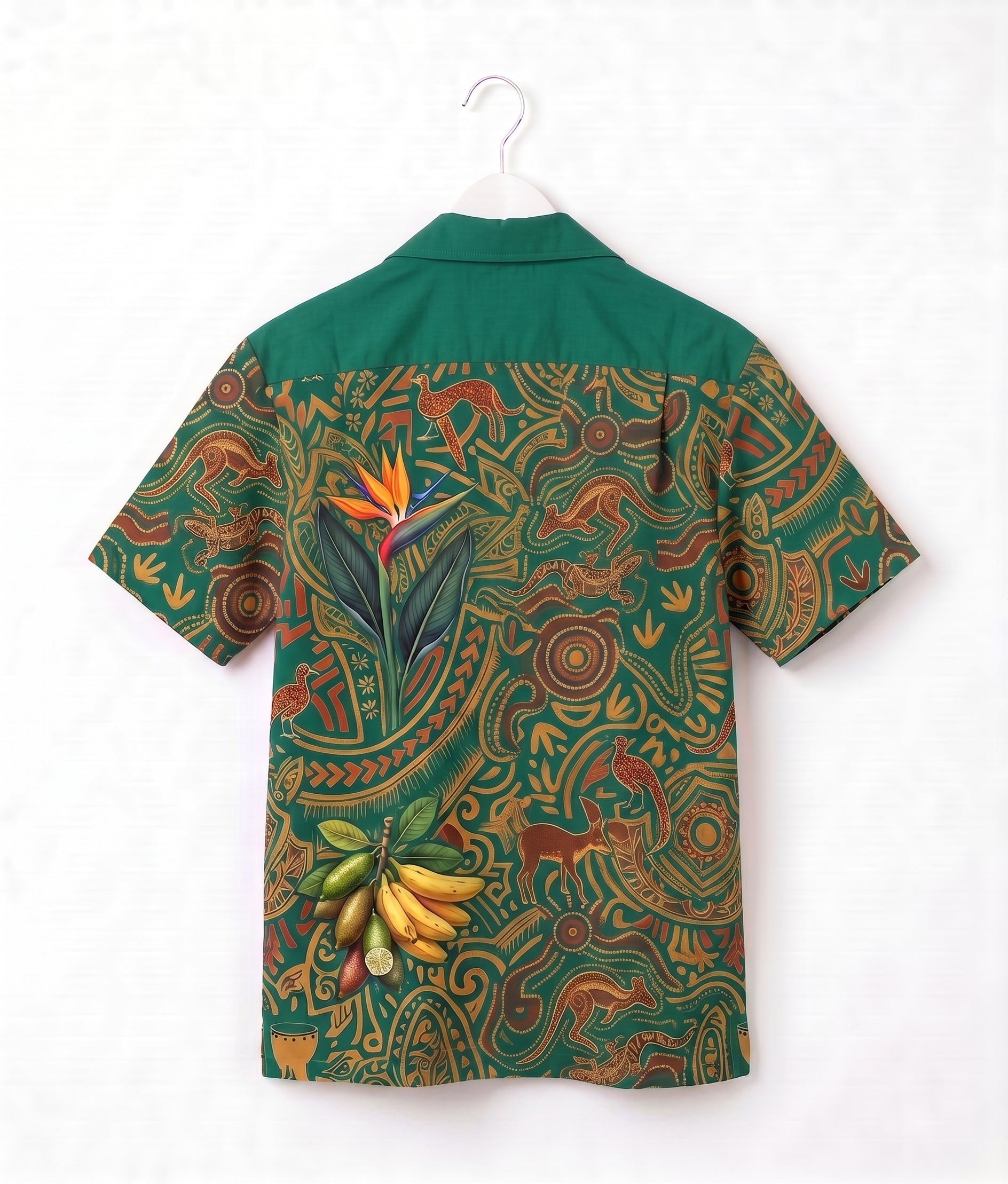 A short-sleeve camp collar shirt with a green yoke and a highly detailed, colorful tribal-style print on the body, featuring a bird of paradise flower, bananas, and abstract motifs. The shirt is shown hanging on a white plastic hanger against a white background.
