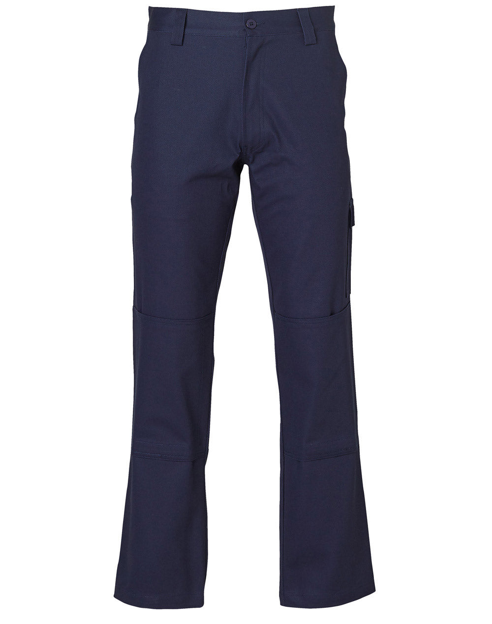 Dark navy blue heavy drill cargo pants with reinforced knee pads and multiple pockets ideal for workwear uniforms