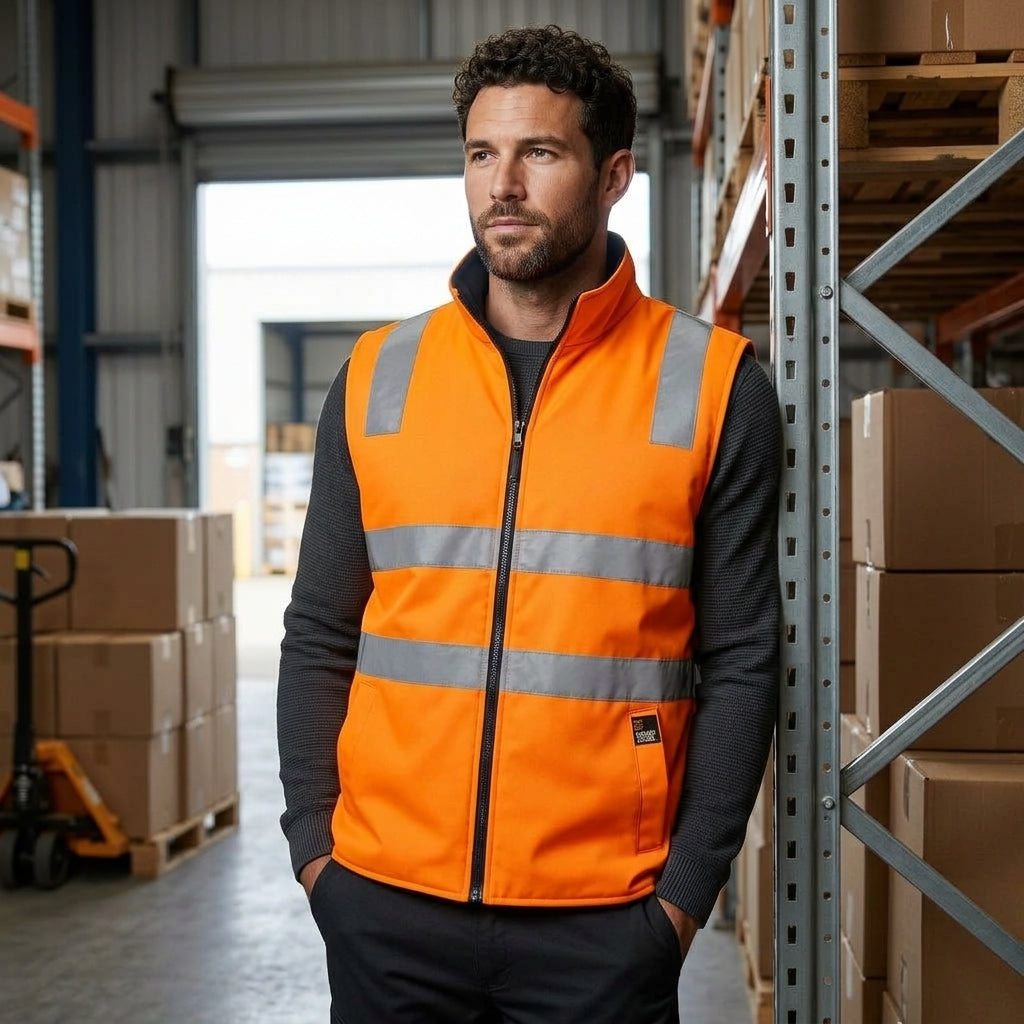 A man wearing a bright orange high-visibility zip-up work vest with reflective silver stripes, standing in a warehouse aisle with shelving and cardboard boxes.
