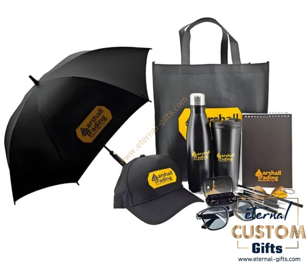 Black umbrella with yellow marshall trading logo on canopy ideal for workwear and uniforms in custom promotional gift set
