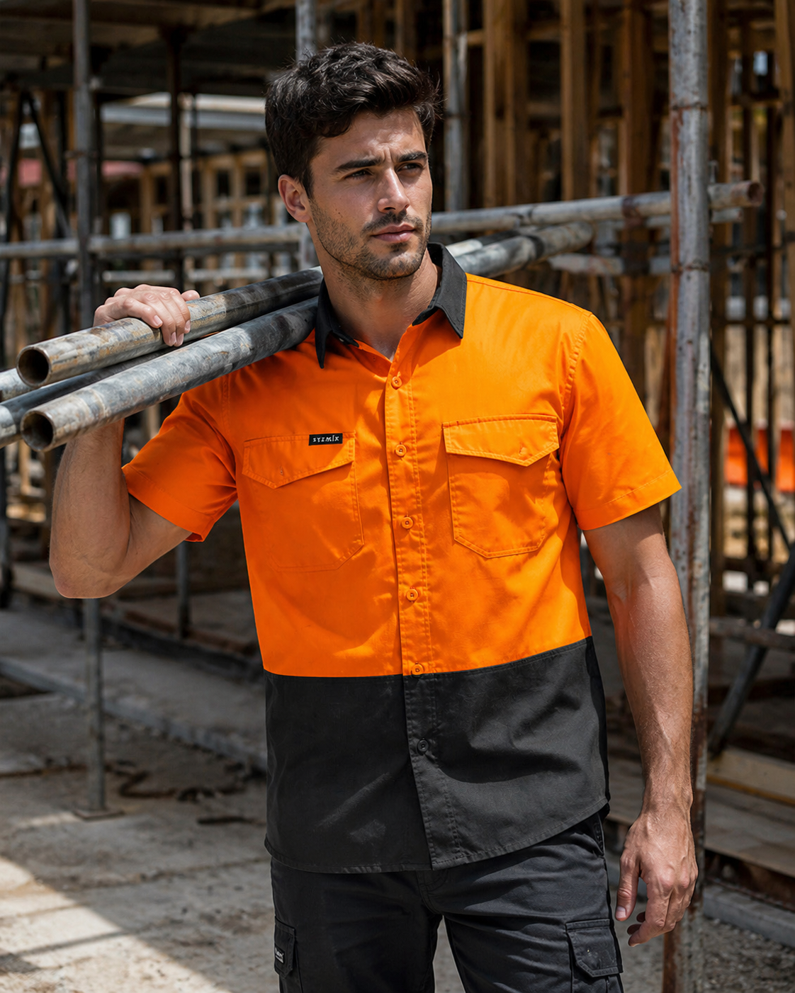 Bright orange and black syzmic hivis rugged cooling short-sleeved work shirt with chest pockets for durable workwear uniforms