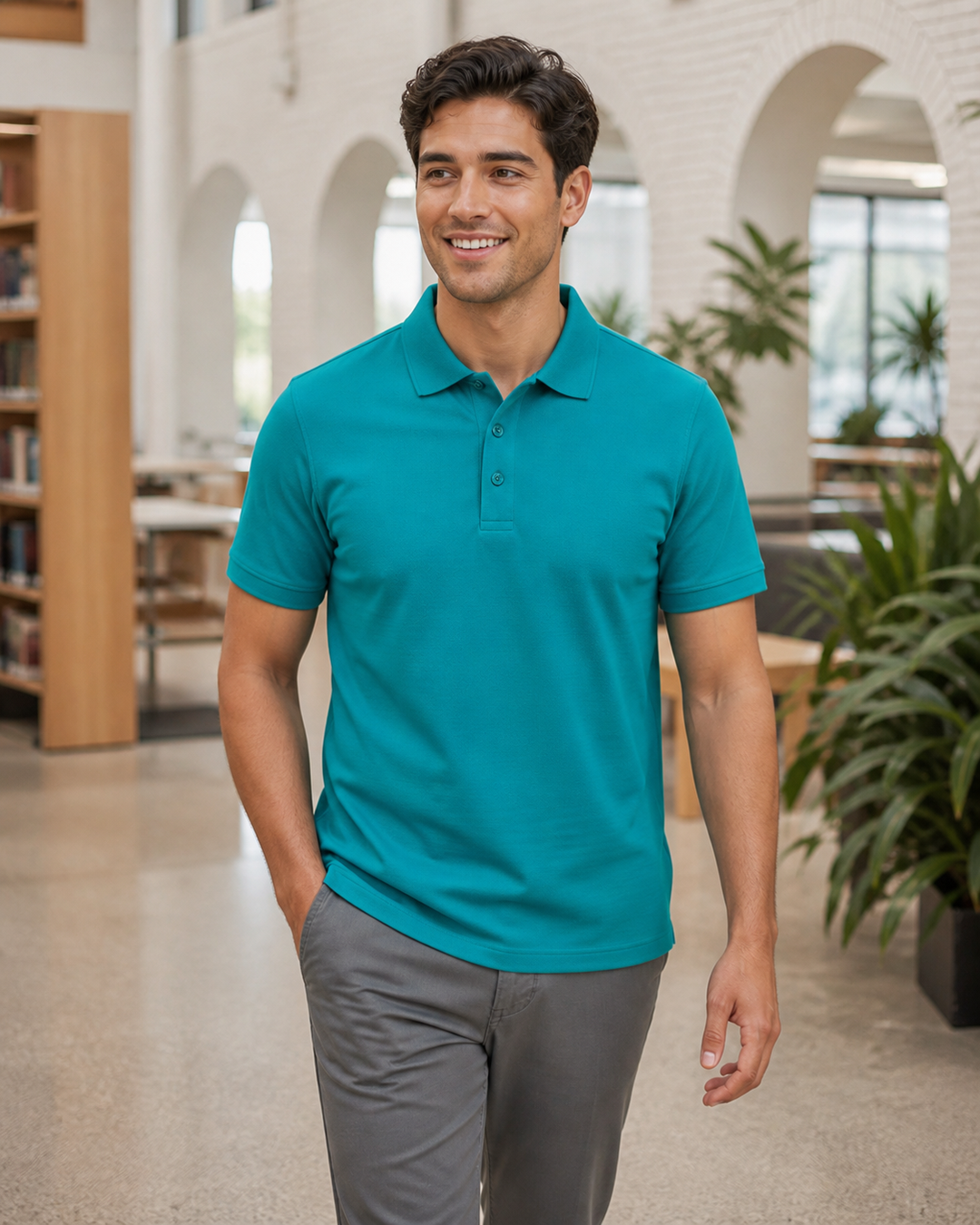 Mediterranean Australian male model wearing teal Adult Bright 210 Polo