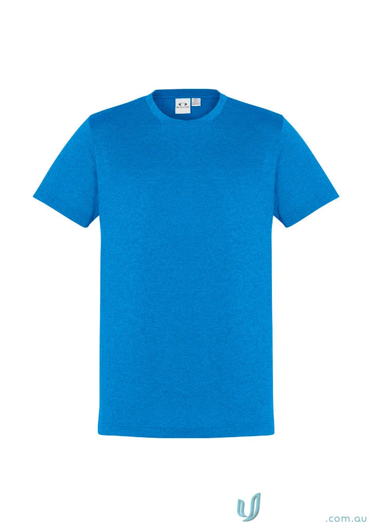 Blue short-sleeved Aero Tee made with t800ms fabric that resists shrinking