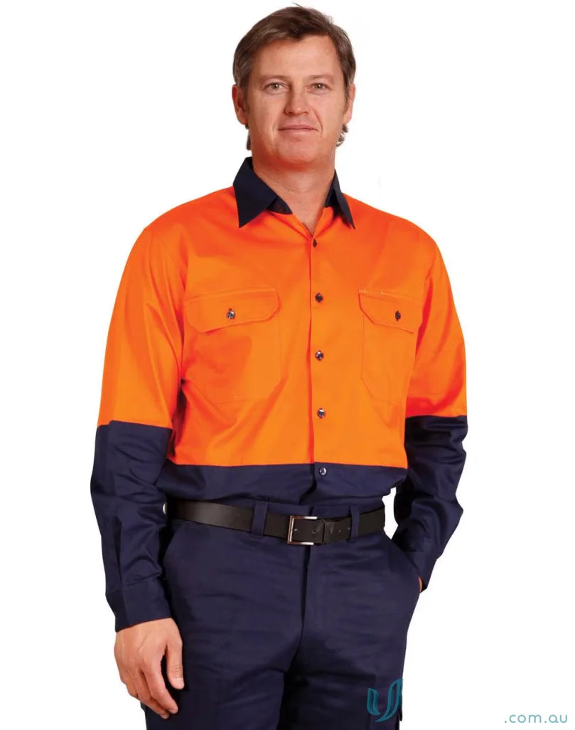 Winning Spirit SW58 AIW HiVis Cool-Breeze LS Cotton Work Shirt in Fluoro Orange/Navy front product image