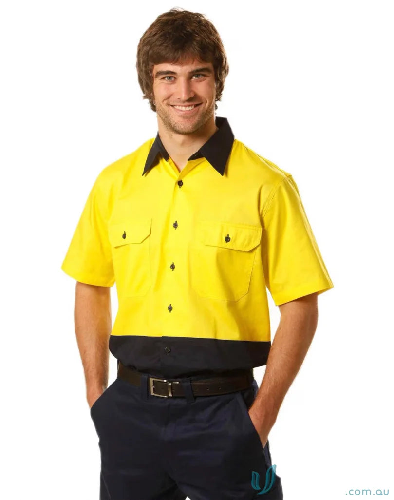 Winning Spirit SW57 AIW HiVis Cool-Breeze SS Cotton Work Shirt in Fluoro Yellow/Navy front product image