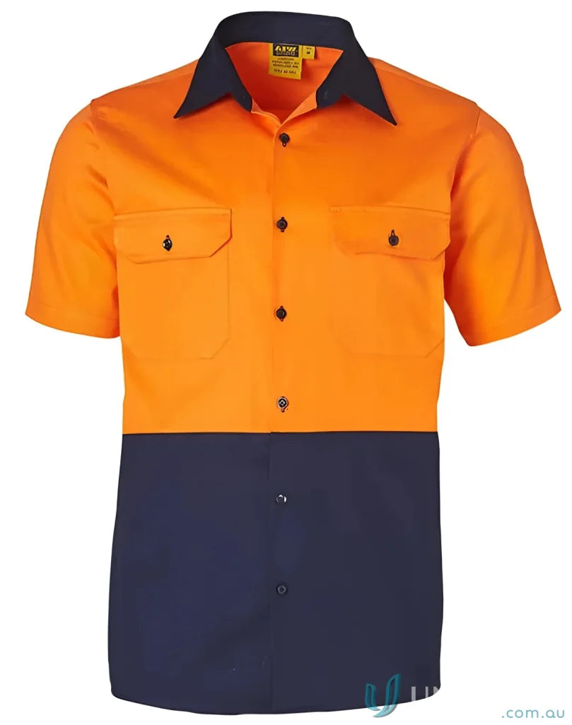 Winning Spirit SW53 AIW HiVis Cotton Work Shirt in Fluoro Orange/Navy front product image