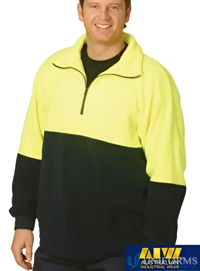 Winning Spirit SW07 AIW HiVis Polar Fleece Half Zip Pullover in Fluoro Yellow/Navy