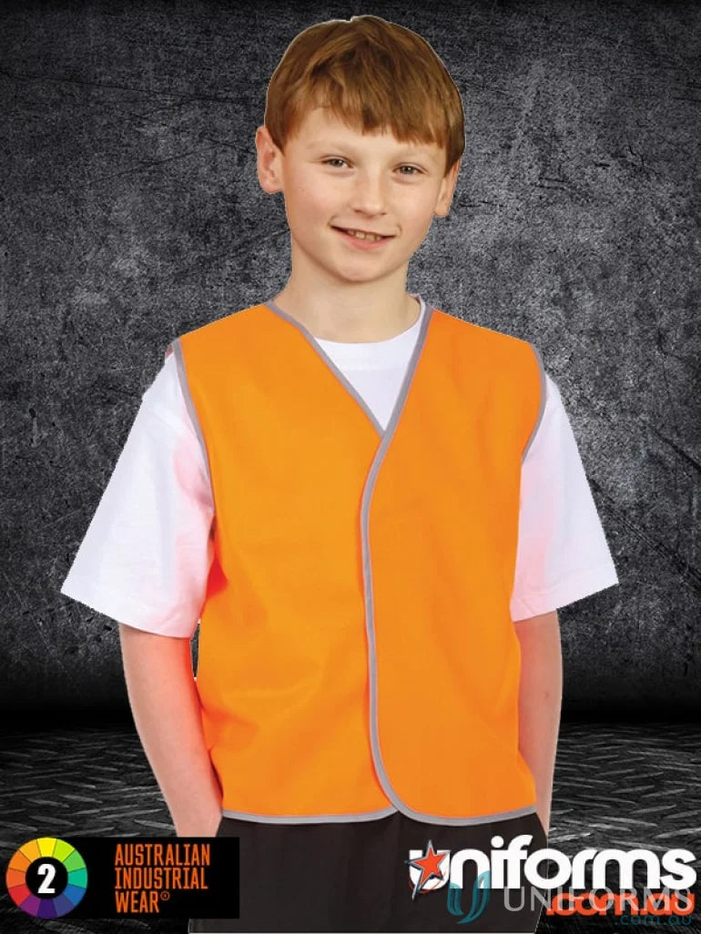 Childs orange kids safety vest from AIW Kids with a winning spirit sw02k design