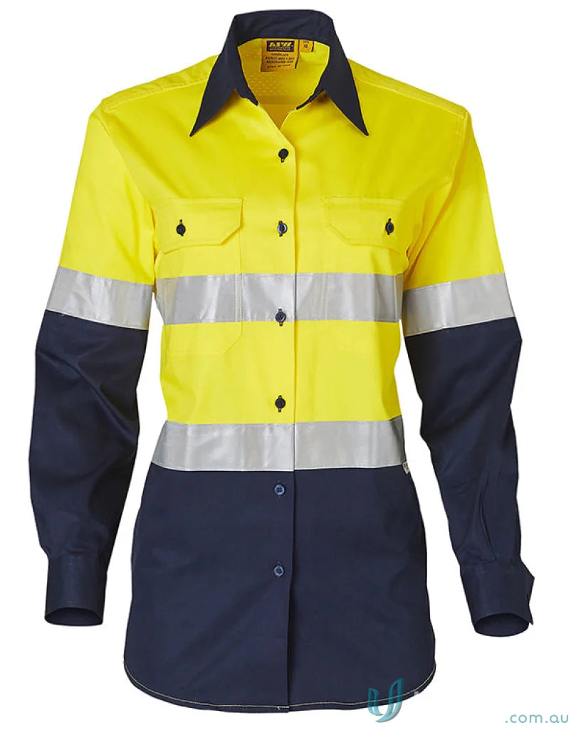 Winning Spirit SW65 AIW Ladies HiVis Taped Cool-Breeze Twill Shirt in Fluoro Yellow/Navy