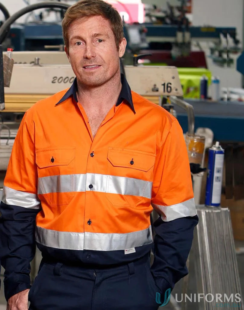 Winning Spirit SW68 AIW Reflective Safety LS Shirt in Fluoro Orange/Navy front product image