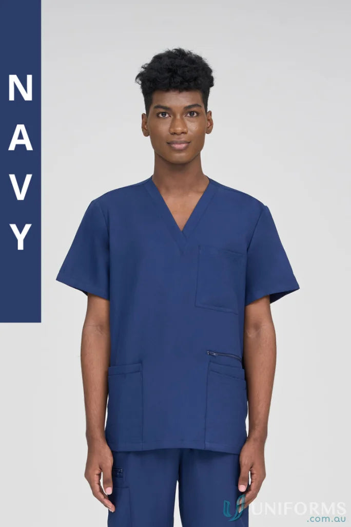 Navy blue Alex Scrub Top from collection Alex Scrub with secure zip pocket for allied health workers