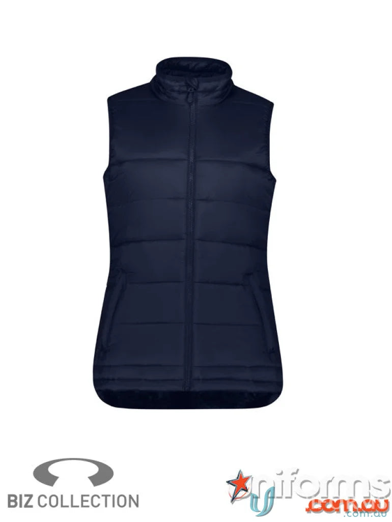 Navy blue puffer vest from Biz Collection Women’s Alpine Vest made with recycled PET polyester