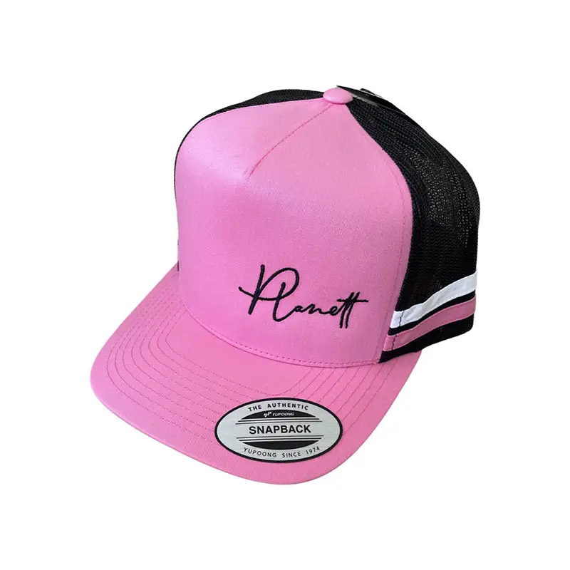 Pink and black trucker hat.
