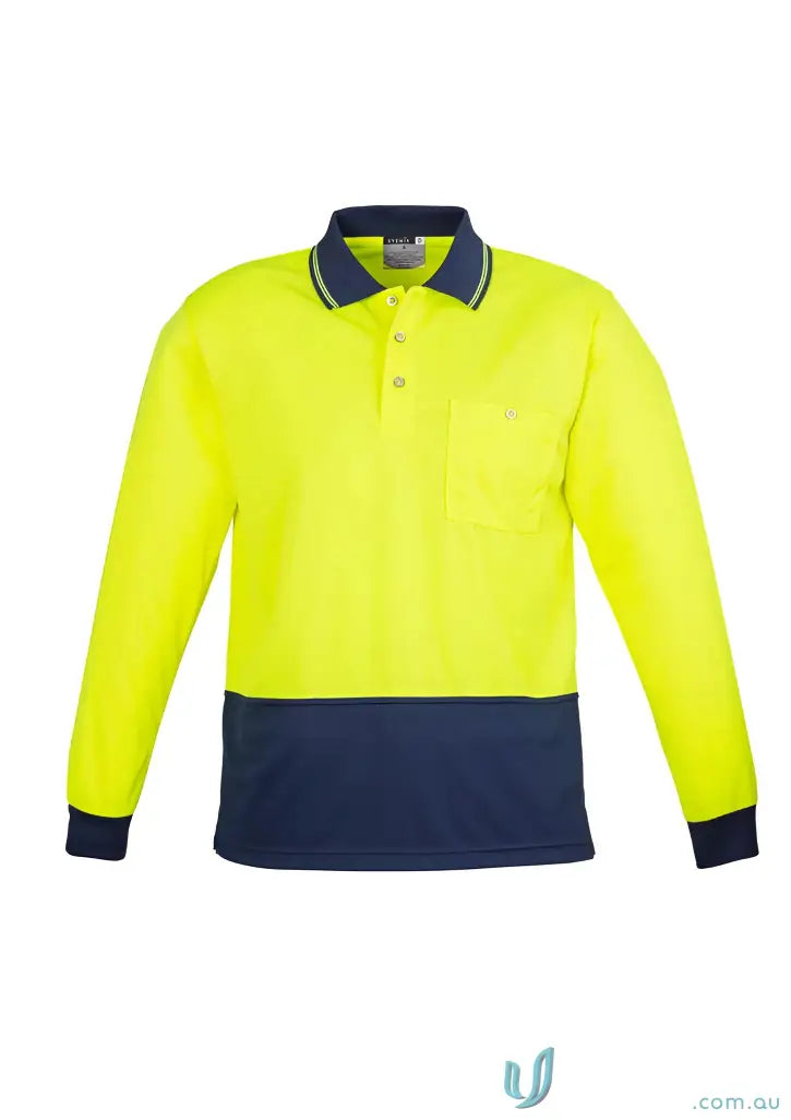 Arjo EMB Safety L/S Polo work uniform in high-vis yellow with navy lower half