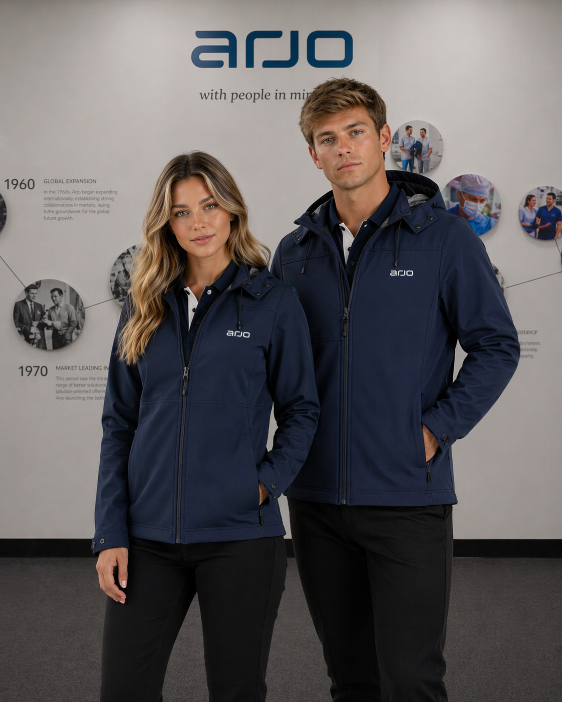 Navy blue arjo ladies tech jacket with zippered front and hood perfect for workwear and uniforms