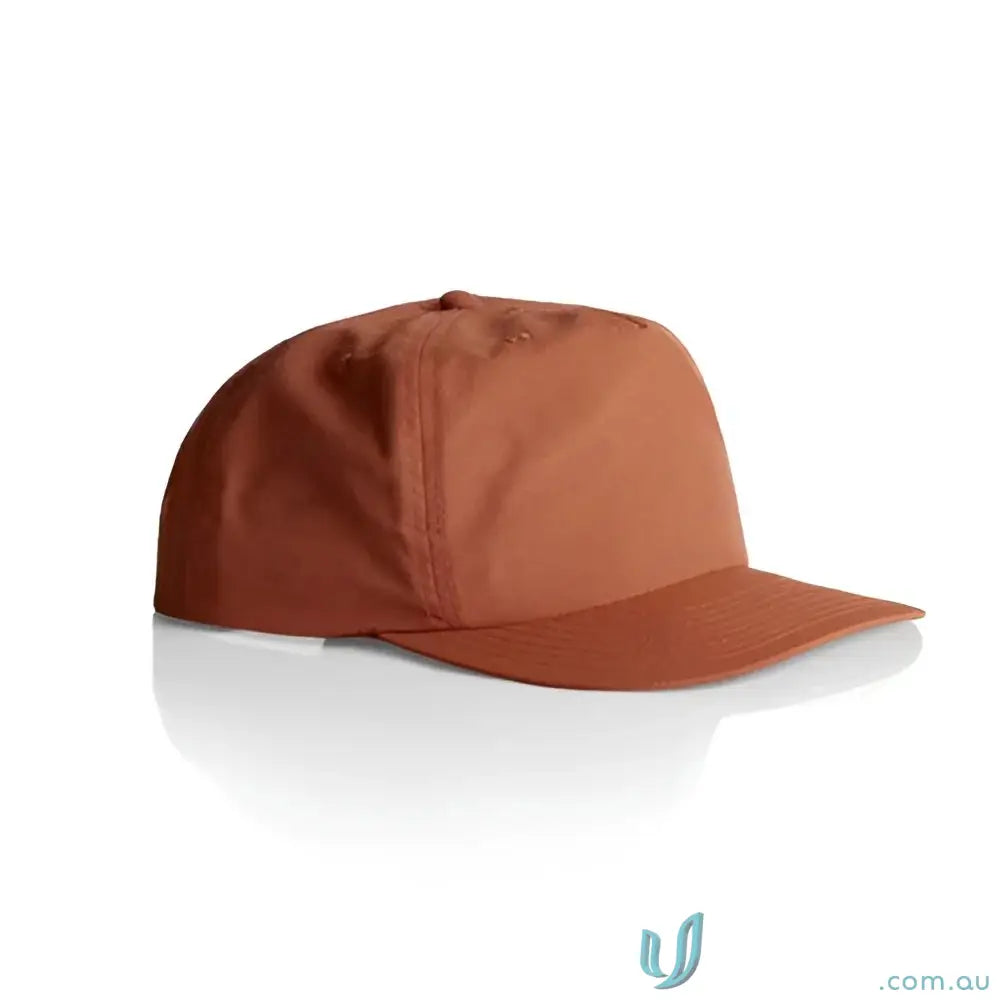 Rust-colored surf cap with recycled nylon and plastic snapback for versatile style