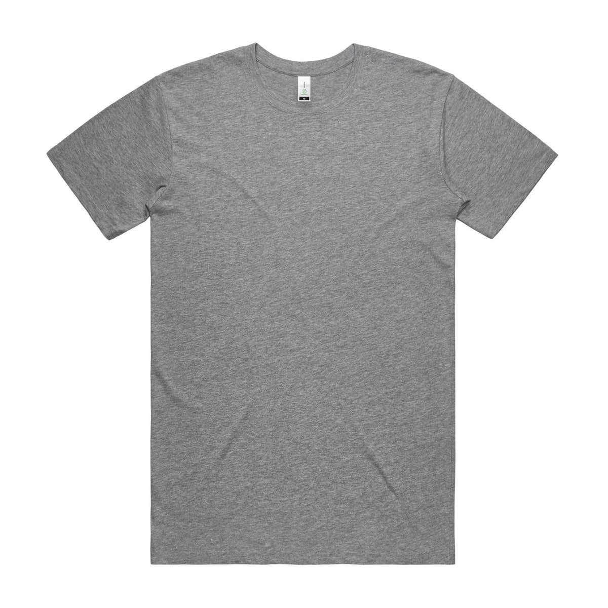 Heather gray crew neck t-shirt with short sleeves and a ribbed neckline.