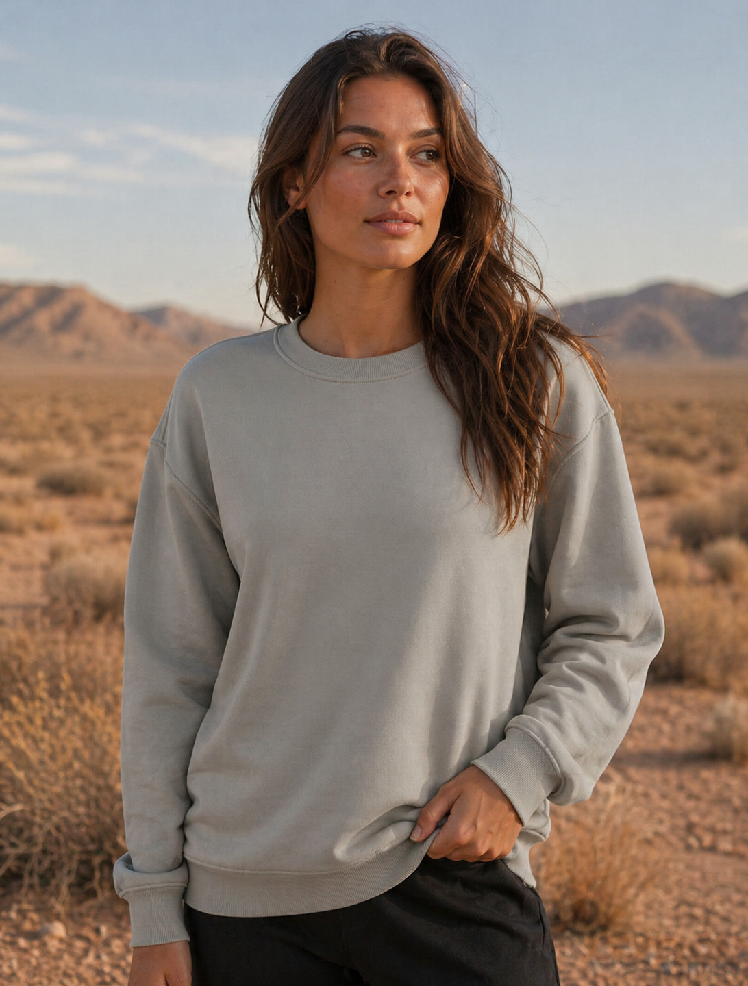 A soft muted gray as colour women’s premium crew crewneck sweatshirt with relaxed fit and ribbed cuffs ideal for workwear