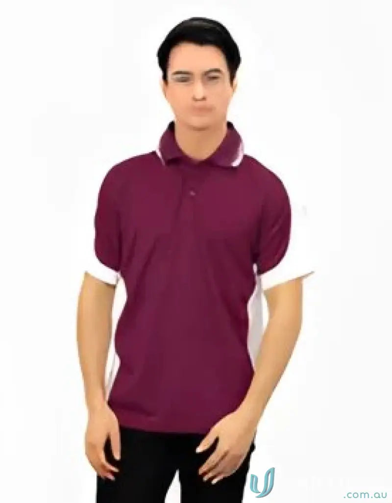 Maroon and white Auburn Polo with moisture management, sewn-on pocket, digital transfer