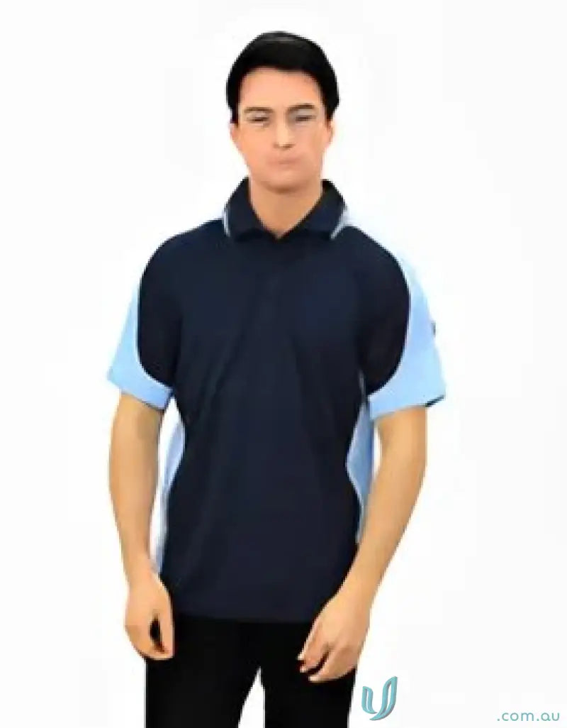 Two-tone Auburn Polo in Navy with sewn-on pocket and moisture management tech