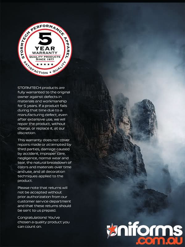 Warranty info for Stormtech Avalanche Qtr Zip Pullover with low-profile chin saver and sweater knit fleece