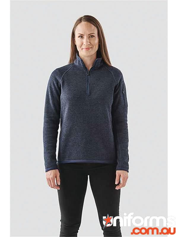 Woman’s navy zip pullover with sweater knit fleece and low-profile chin saver inside the Avalanche Qtr Zip Pullover