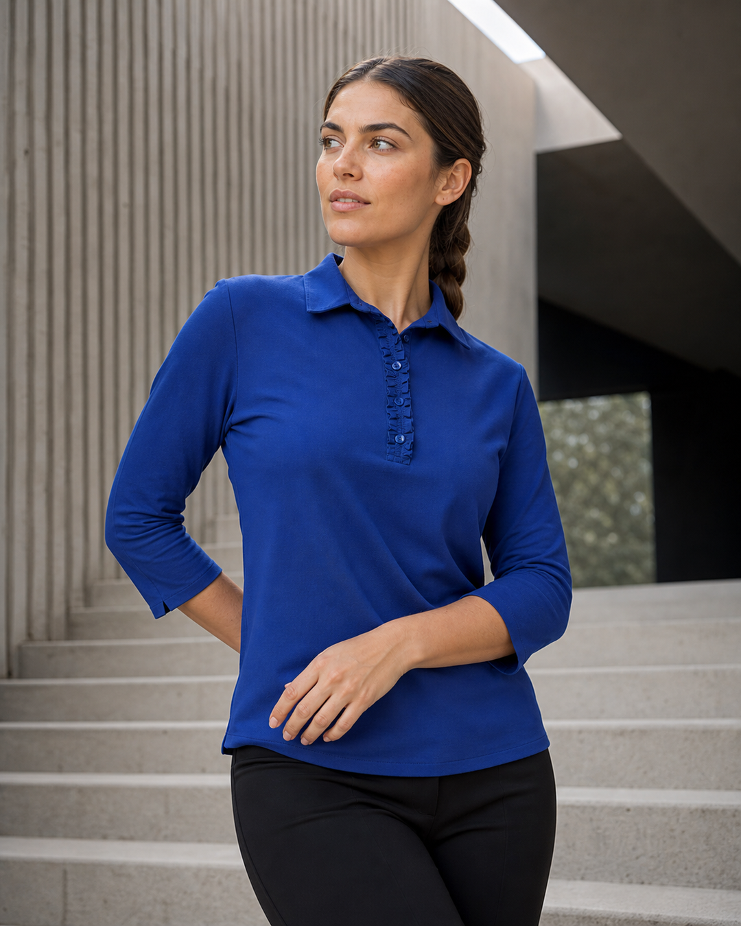 Bella 3q Frill Placket Top on 24-year-old Australian model