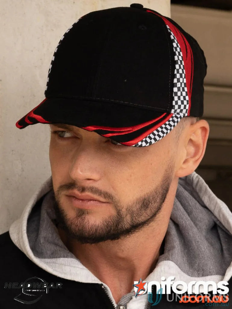 Black baseball cap with red flame embroidery and checkered panels from BHC Embroidery Printed Checks