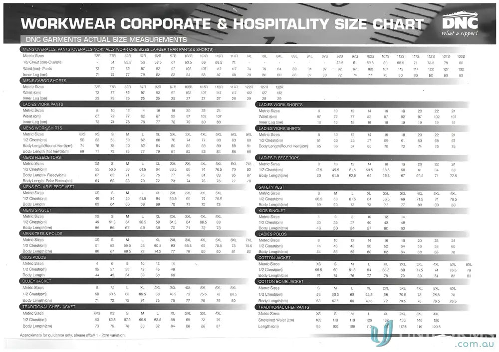 Workwear size chart for Bio-Motion Segment Taped Cargo Pants with elastic cuffs slimflex