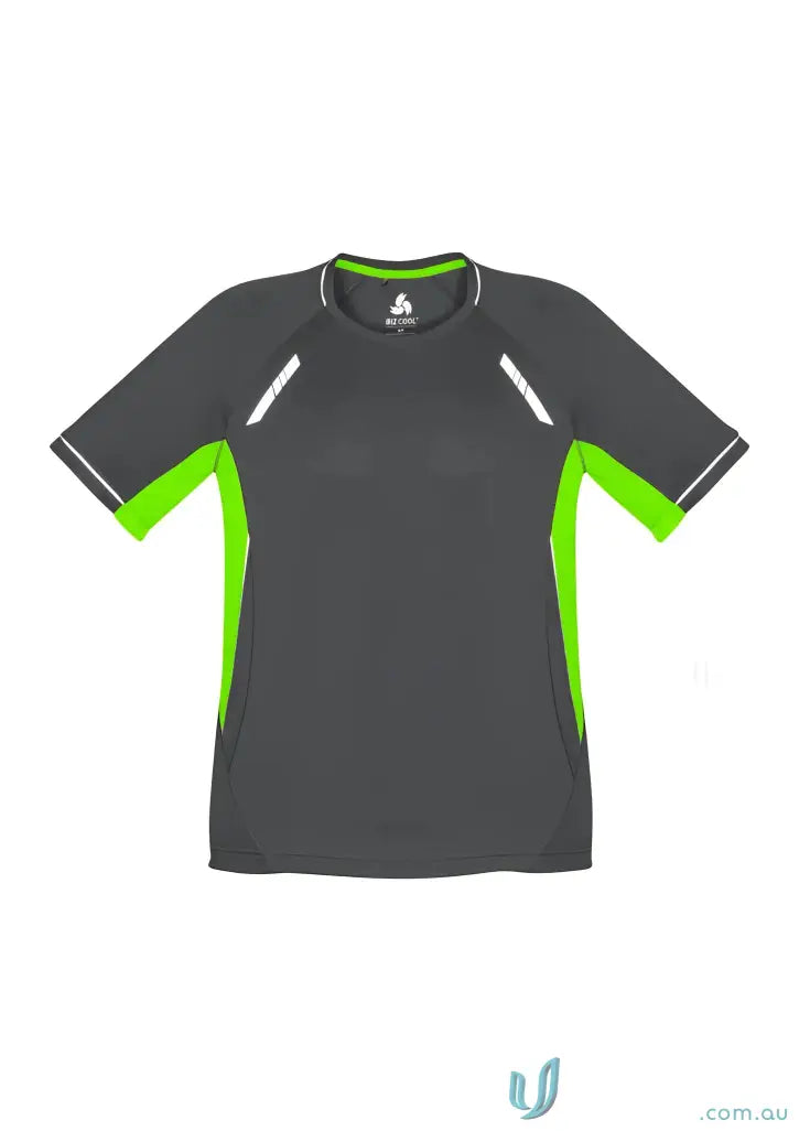 Gray and neon green Biz Collection Renegade Tee, renegade short sleeve athletic shirt