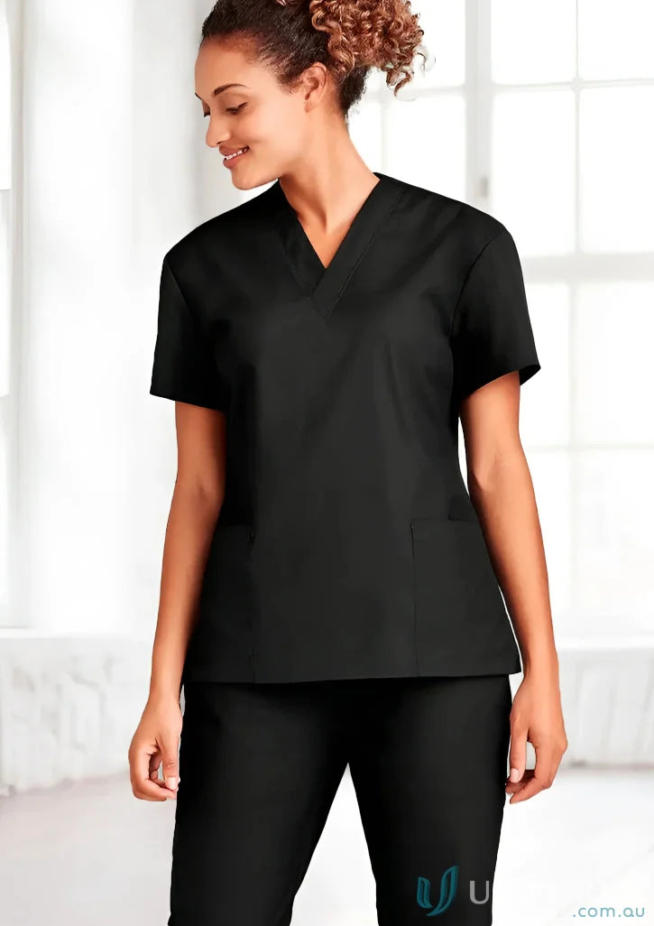 Black medical scrub set from BizCare Ladies Scrub Top with womens classic fit and natural stretch fabric for all-day comfort