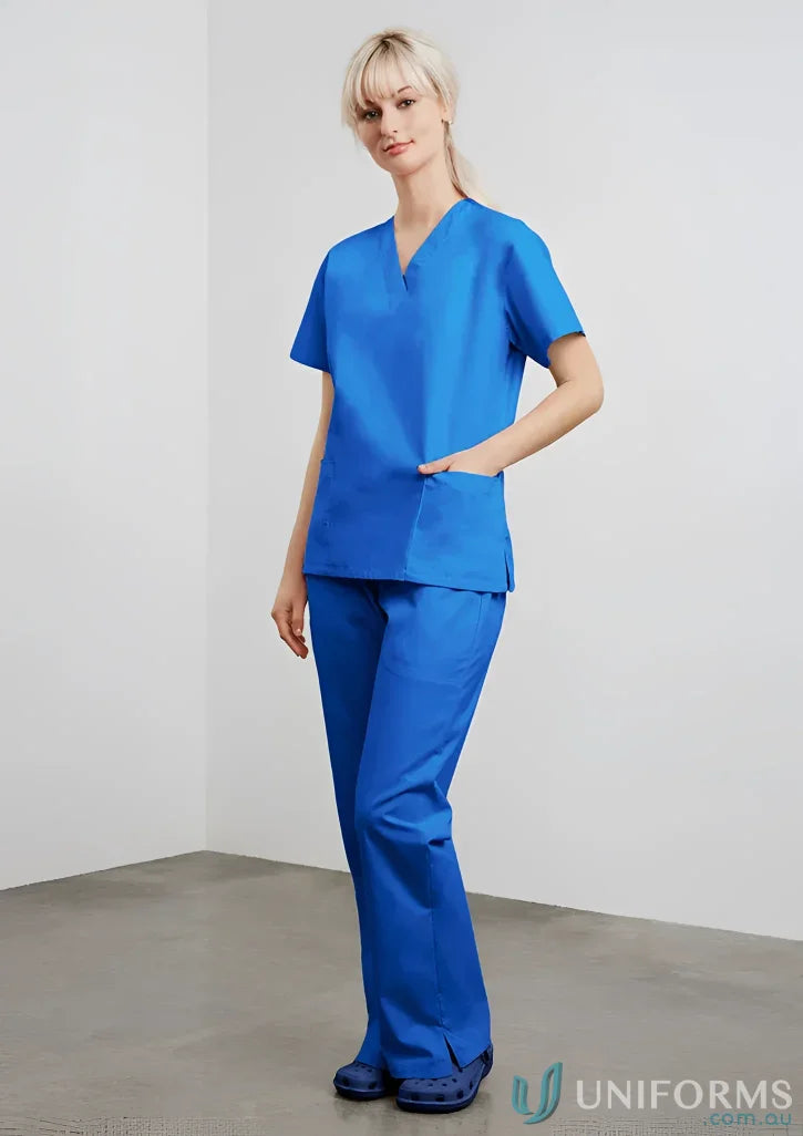Blue womens classic scrub top made from natural stretch fabric for all-day comfort