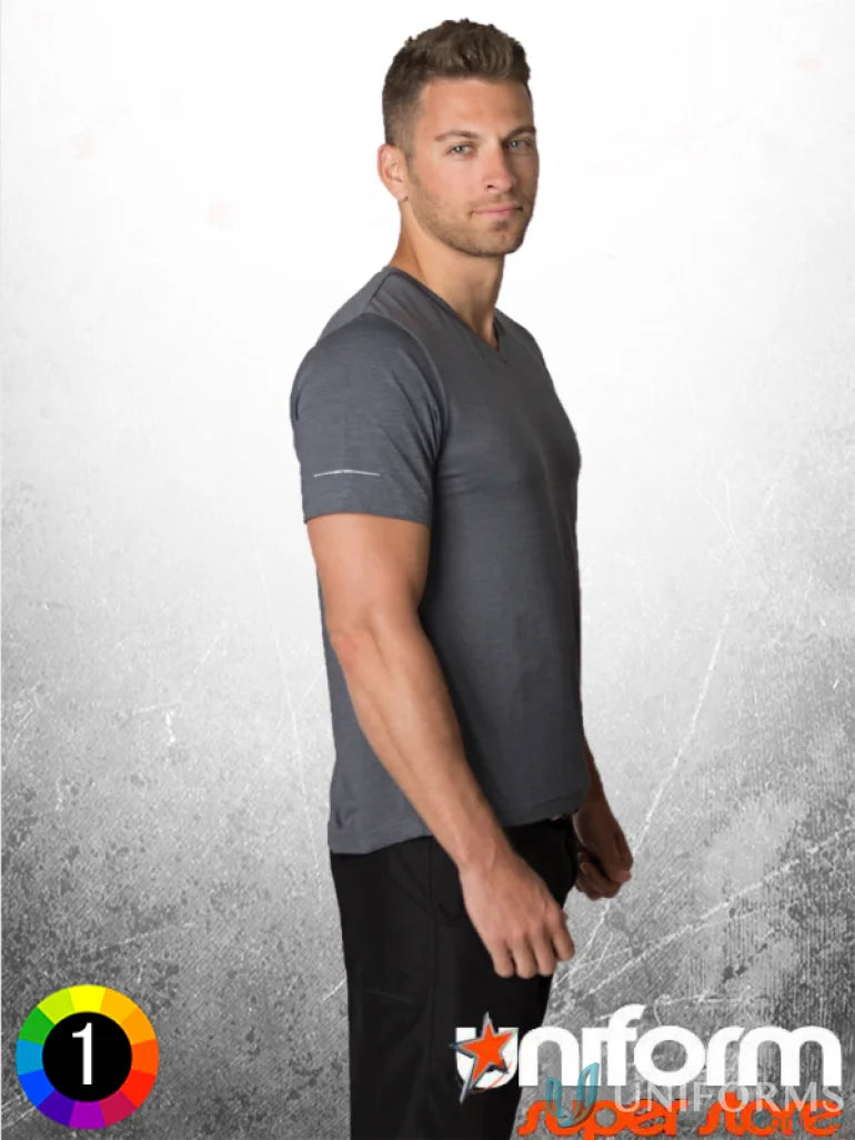 Man in Gray V-neck Tee using Black Kanvas Soft Touch Tee with cooldry moisture tech