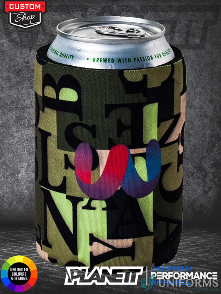 Letter-patterned neoprene 5mm can cooler for 375ml cans, perfect for sports uniforms