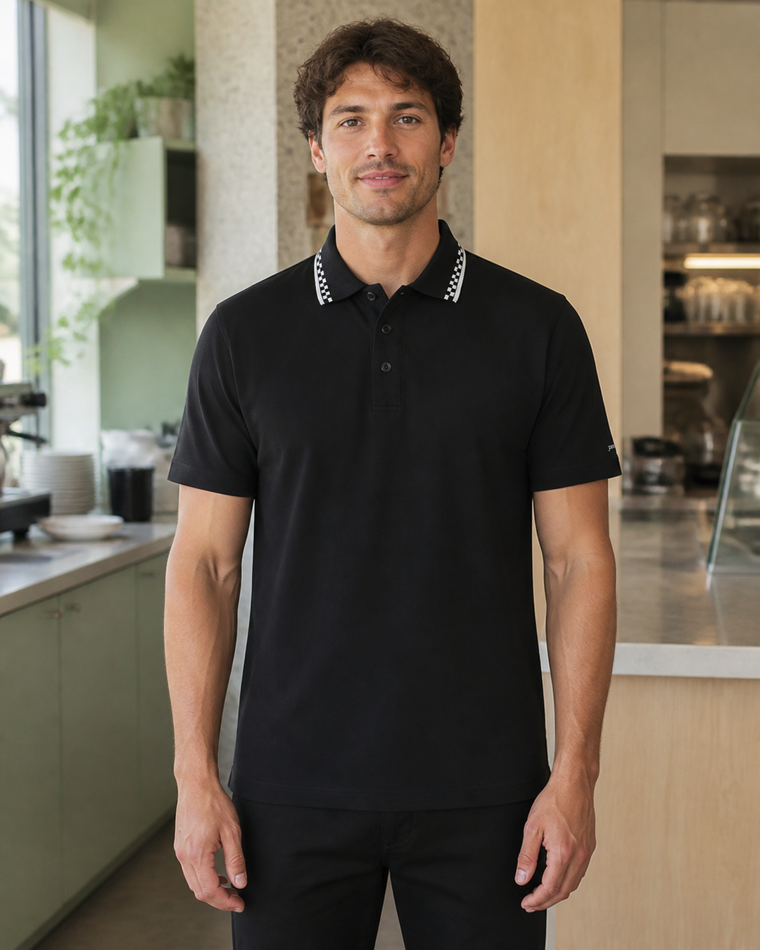 Bobbin Chef Polo in black with checker collar trim