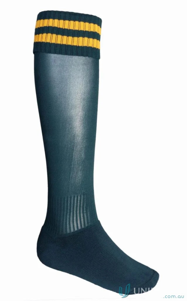 Dark green Bocini Sports Socks with yellow stripes, perfect for sports and uniforms