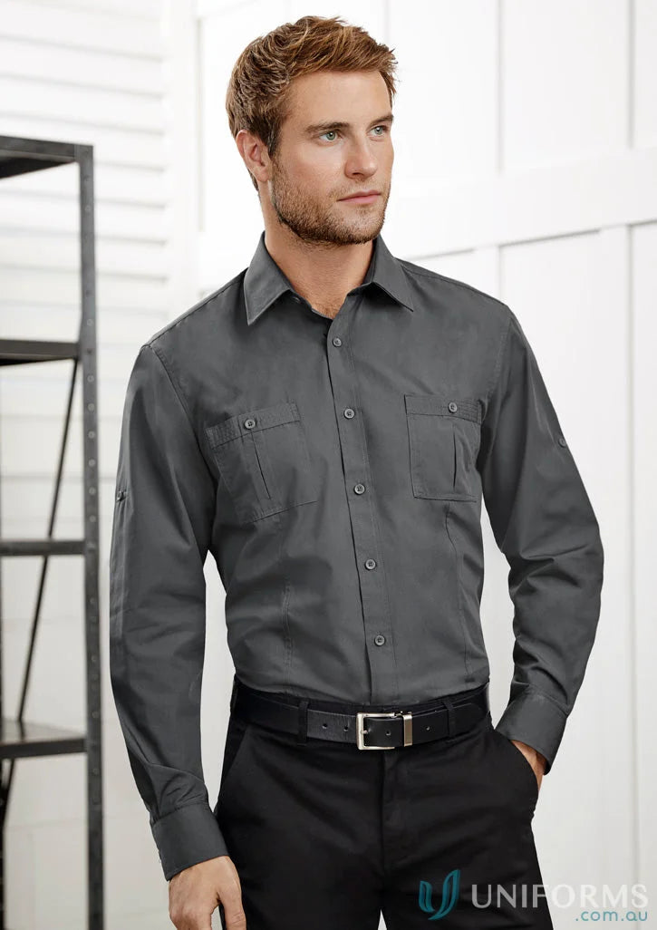Man in gray Bondi Roll Up LS Shirt for a professional appearance