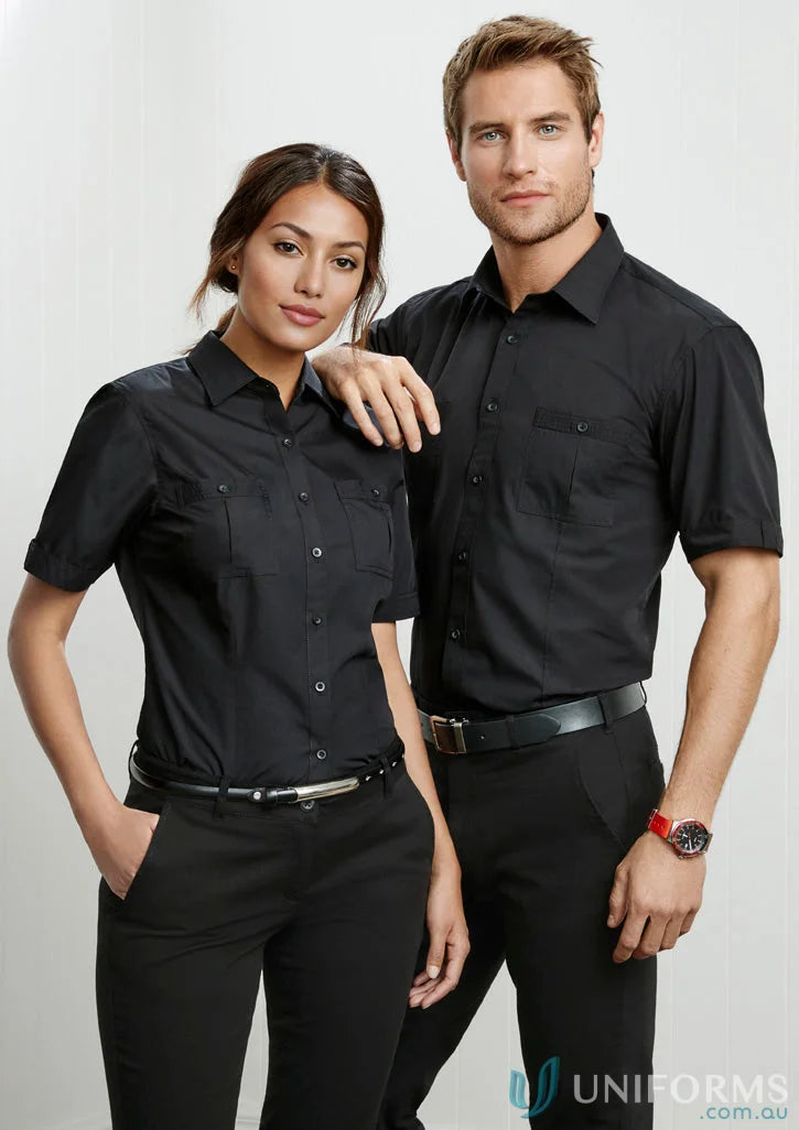 Two men wearing all-day comfort Bondi SS shirts and matching black shorts