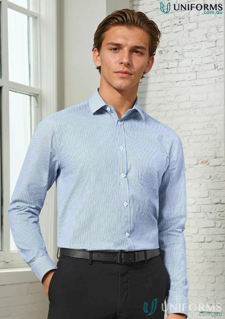 Plumbers choice emb long sleeve shirt in light blue and white checkered pattern perfect for work uniforms and workwear