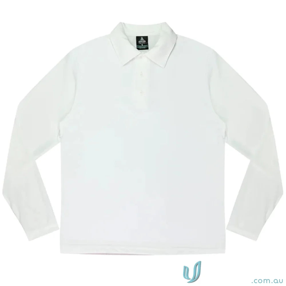 White long-sleeved polo shirt from Botany Mens Polo, perfect for mens uniforms or workwear