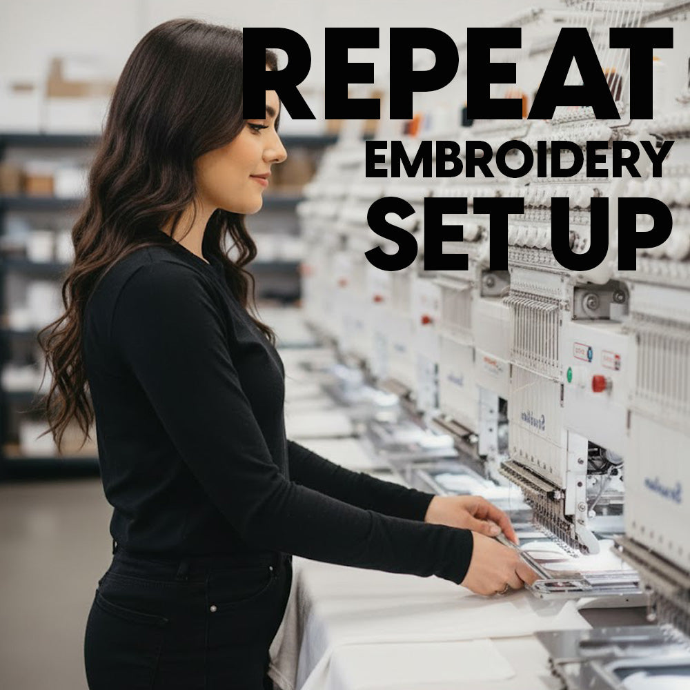 White industrial embroidery machine with multiple needles and digital panel for workwear and uniforms setup