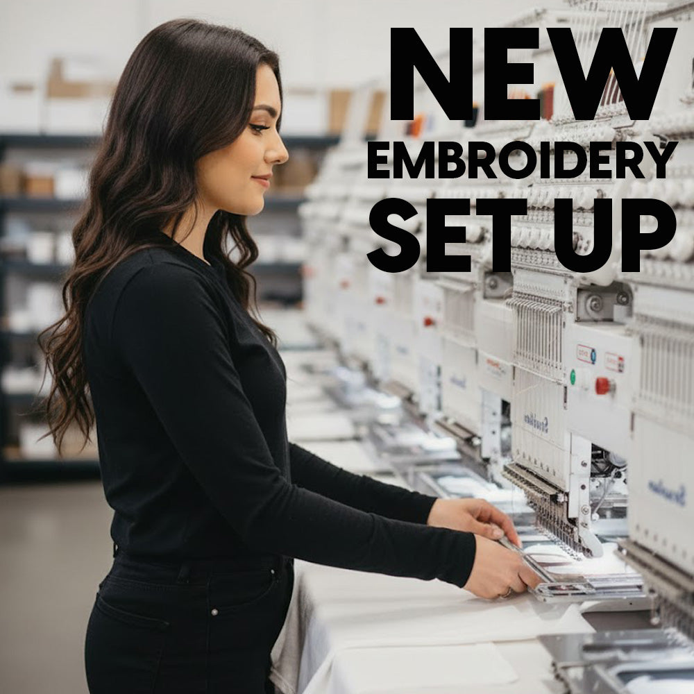 New BRD embroidery setup: white multi-needle industrial machine