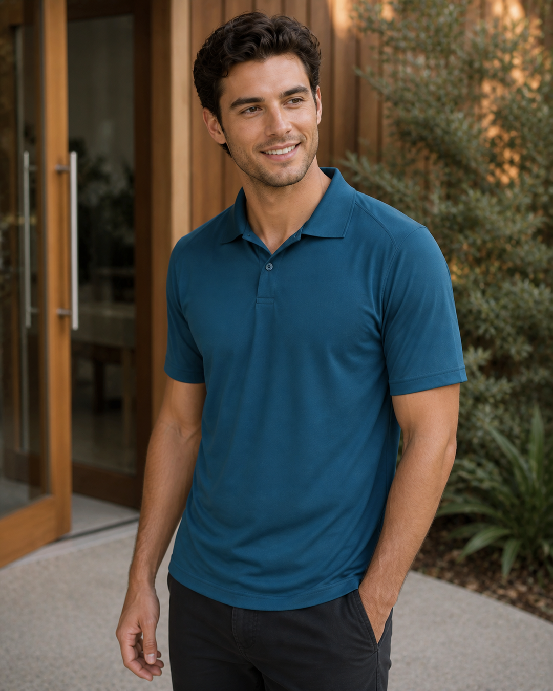 Male model wearing ocean teal Breathable Bamboo Charcoal Polo
