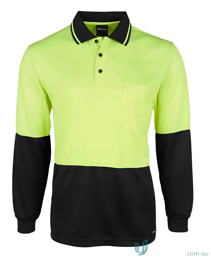JBs 6HJNL Breathable HiVis Jacquard LS Polo in Fluoro Yellow/Black