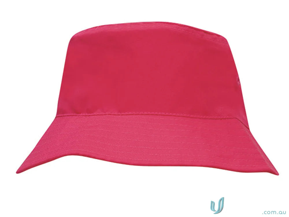 Fuchsia pink bucket hat from Breathable Poly Twill Kids Bucket Hat collection, perfect for uniforms or workwear FAQs link included