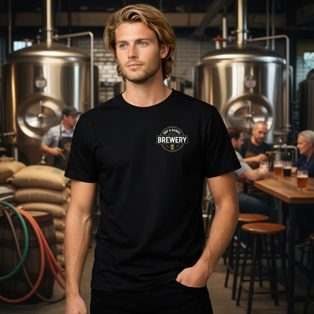 Man wearing a black t-shirt with a brewery logo in a brewery setting
